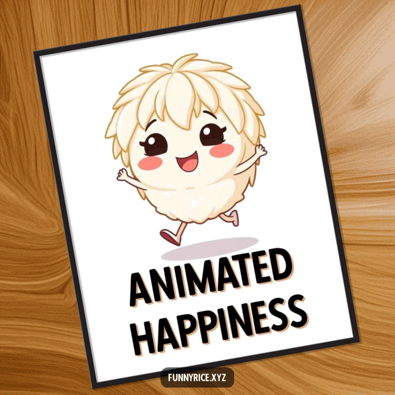 Funny digital art print of a smiling rice character doing a cheerful hop, ready to print.