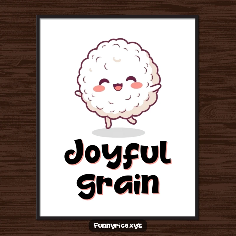 Funny digital art print of a cheerful blob of rice doing a lively dance, bringing instant joy and playful energy.