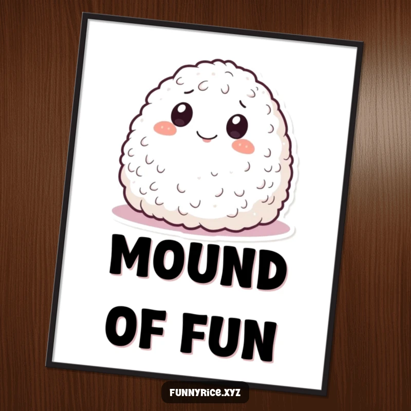 Funny digital art print of a smiling mound of rice rolling playfully, bringing instant fun and a mischievous spirit.