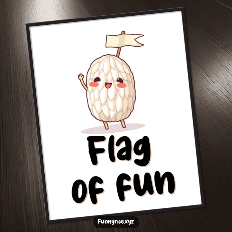 Funny digital art print of a rice grain enthusiastically waving a tiny ricepaper flag, ready to print.