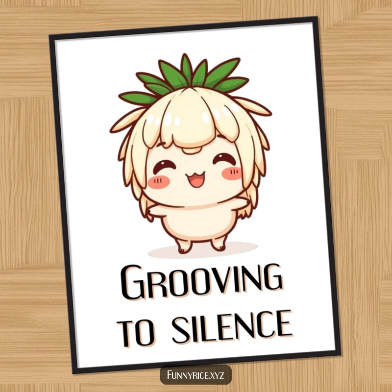 Funny digital art print of a happy rice character doing a comical head bob, ready to liven up any space.