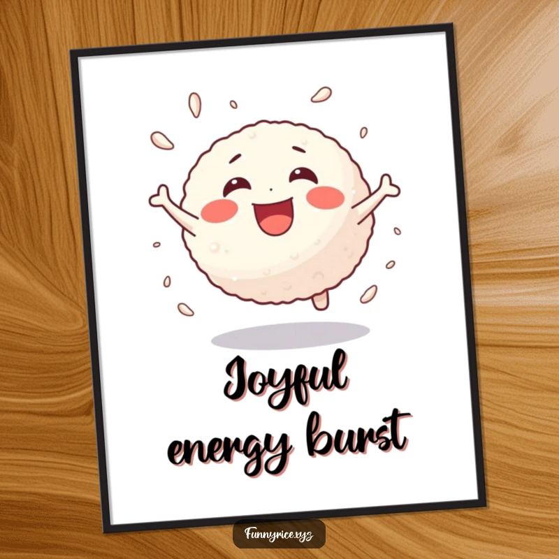 Funny digital art print of a joyful rice ball bouncing with energetic delight, ready to print.