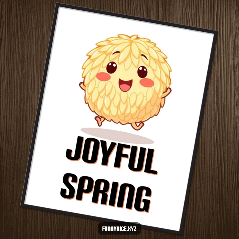 Funny digital art print of a happy grain of rice hopping with unseen feet, bringing instant energy and playful joy.