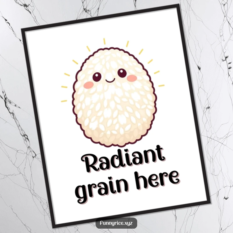 Funny digital art print of a single grain of rice beaming brightly, ready to be framed.