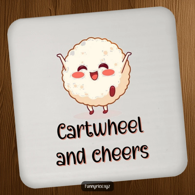 Funny Coaster: A cheerful rice ball character performing a cartwheel, adding a touch of energetic movement to any drink.
