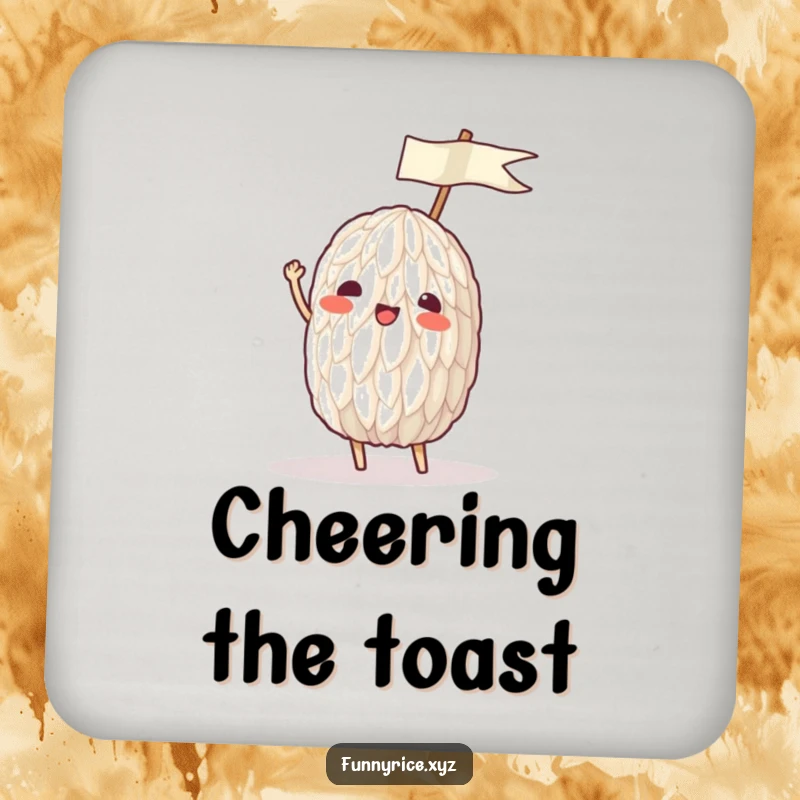 Funny drink coaster showing a rice grain enthusiastically waving a tiny ricepaper flag, adding flair.