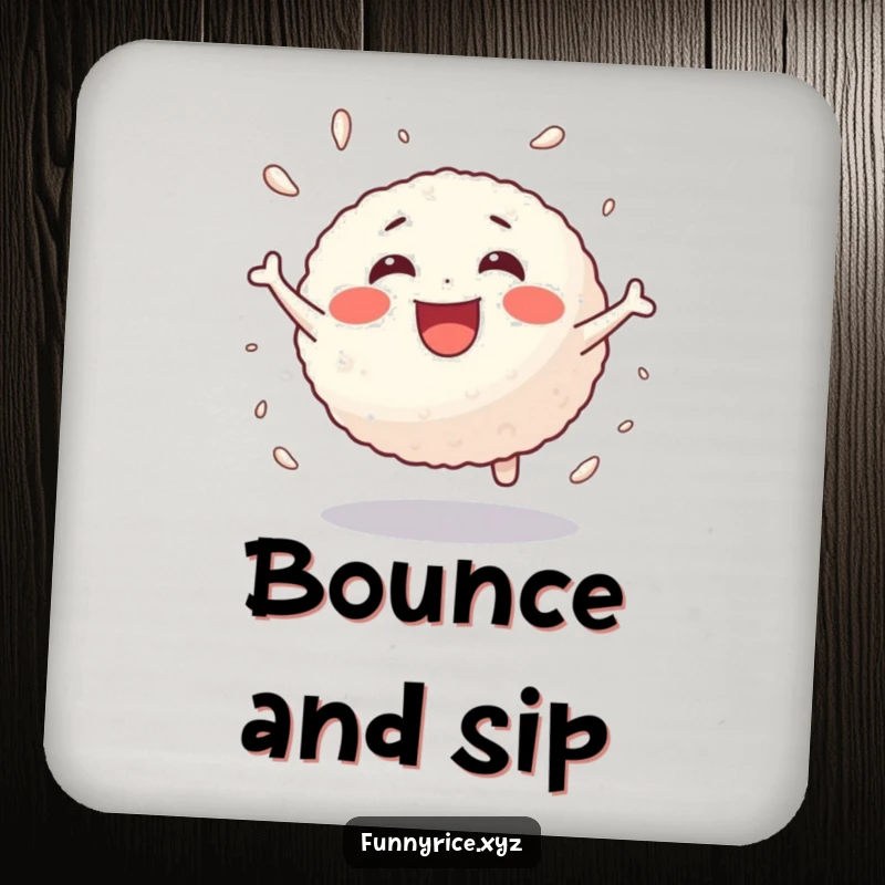 Funny drink coaster showing a joyful rice ball bouncing with energetic delight, adding flair.
