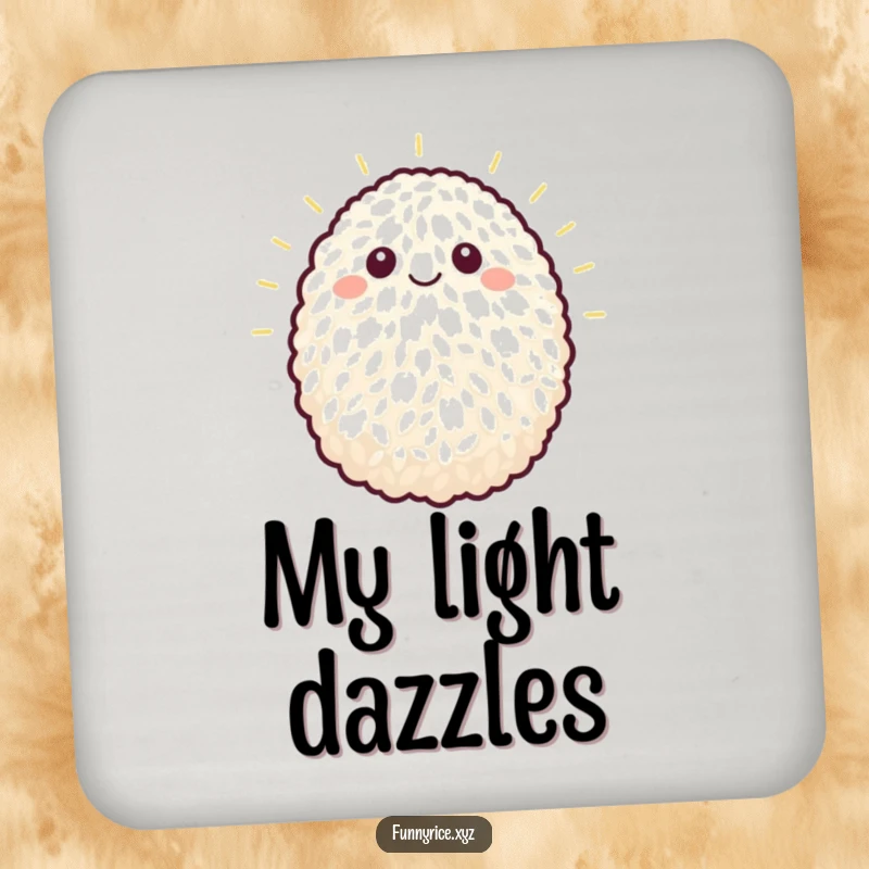 Funny drink coaster featuring a single grain of rice beaming brightly, adding humor to any surface.