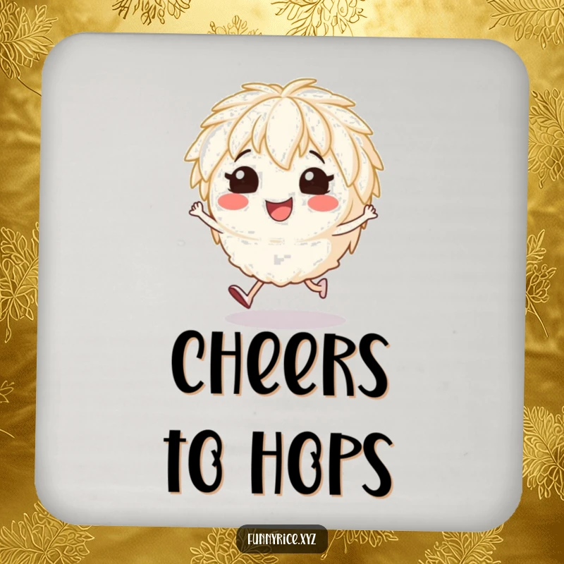Funny drink coaster showing a smiling rice character doing a cheerful hop, adding personality.