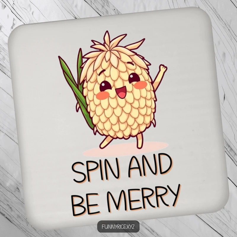 Funny Coaster: A delighted rice grain character in a playful spin, adding a touch of cheerful movement to any drink.