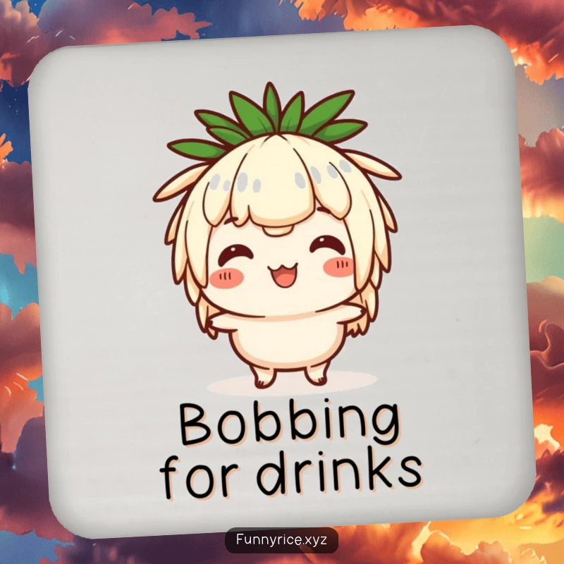 Funny drink coaster with a happy rice character doing a comical head bob, protecting surfaces with humor.