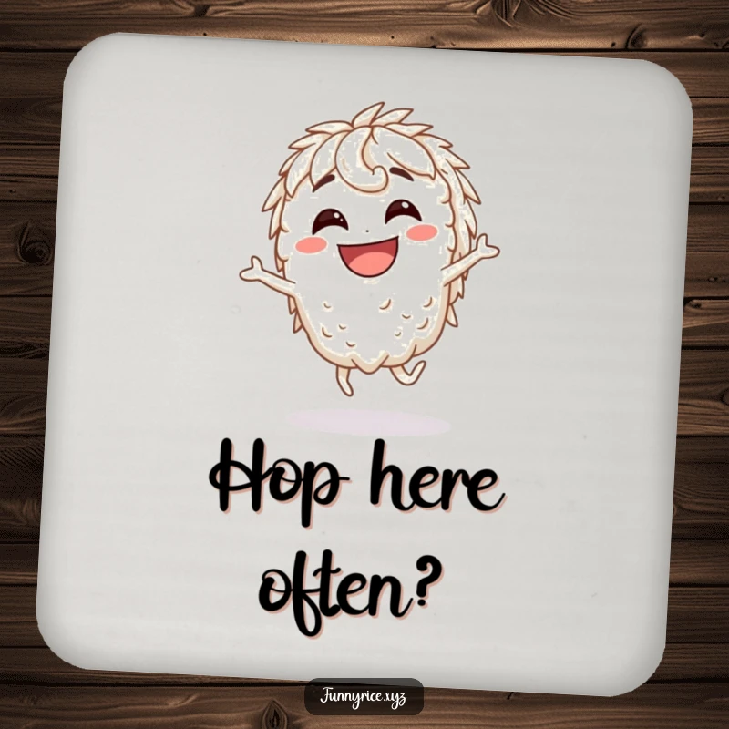 Funny Coaster: A grinning rice character captured in a silly hop, adding a touch of amusement to any drink setup.