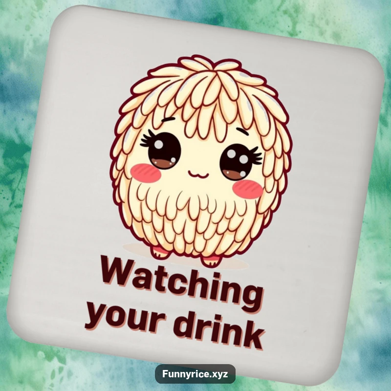 Funny drink coaster showing a playful rice character with a friendly, wide-eyed look, adding charm.