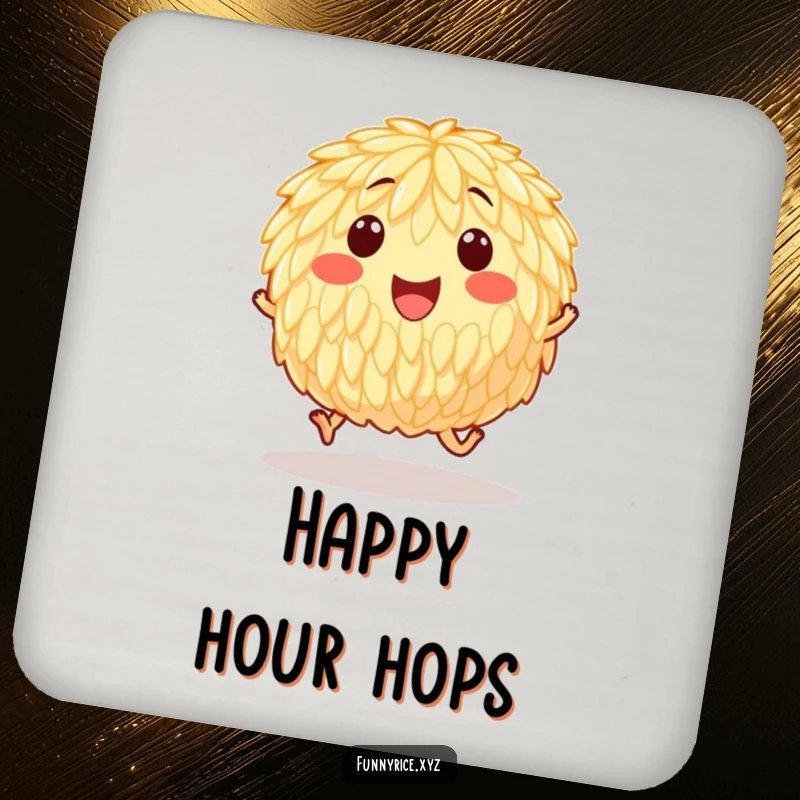 Funny drink coasters showcasing a happy grain of rice hopping, adding a cheerful and energetic element to table protection.