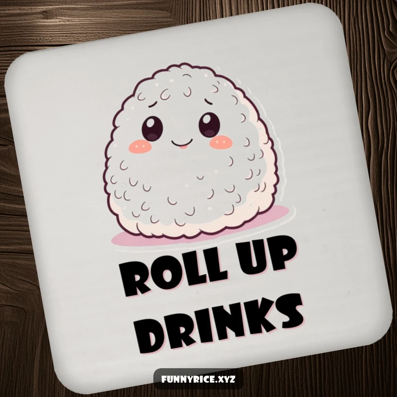 Funny drink coasters showcasing a smiling mound of rice rolling playfully, adding a mischievous and fun element to table protection.
