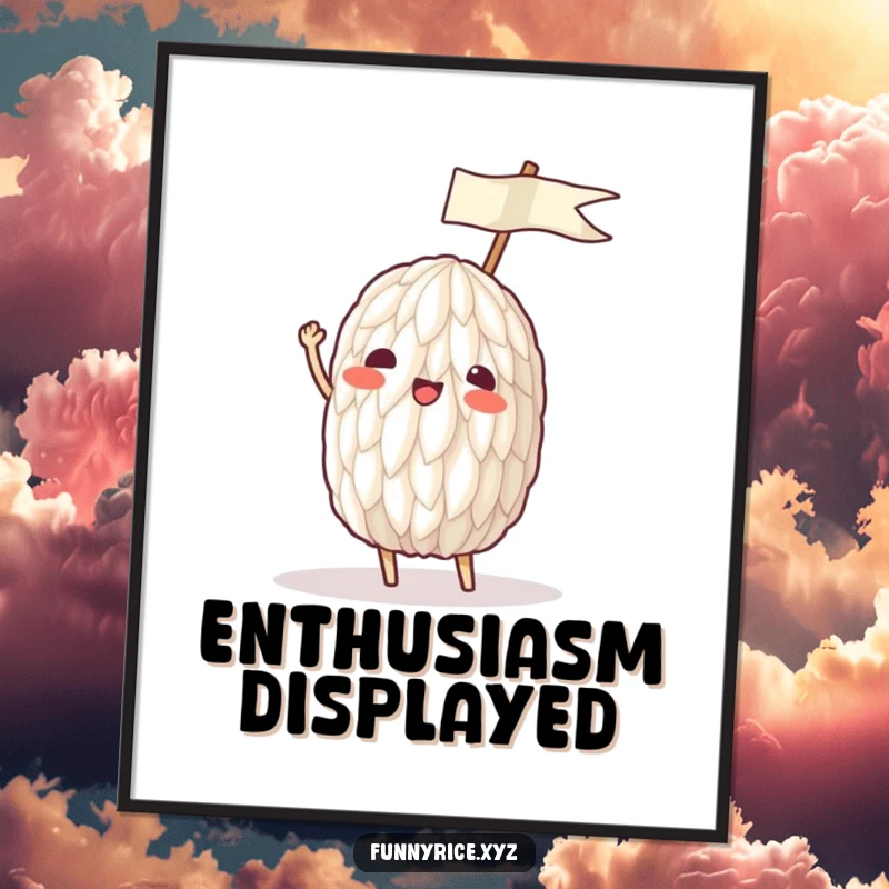 Funny poster of a rice grain enthusiastically waving a tiny ricepaper flag, bringing celebratory vibes.