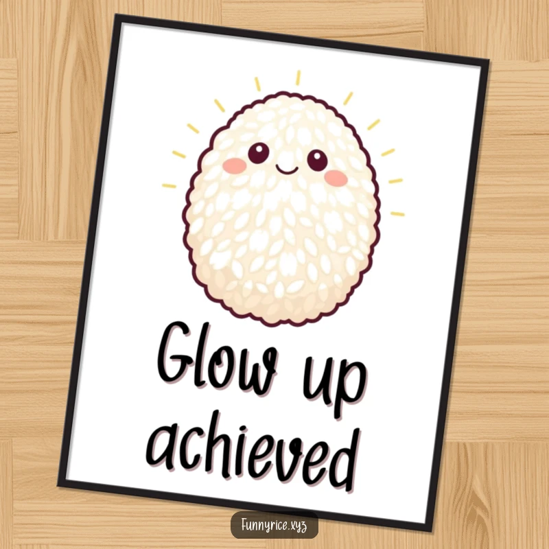 Funny poster depicting a single, beaming grain of rice radiating light and happiness on your wall.