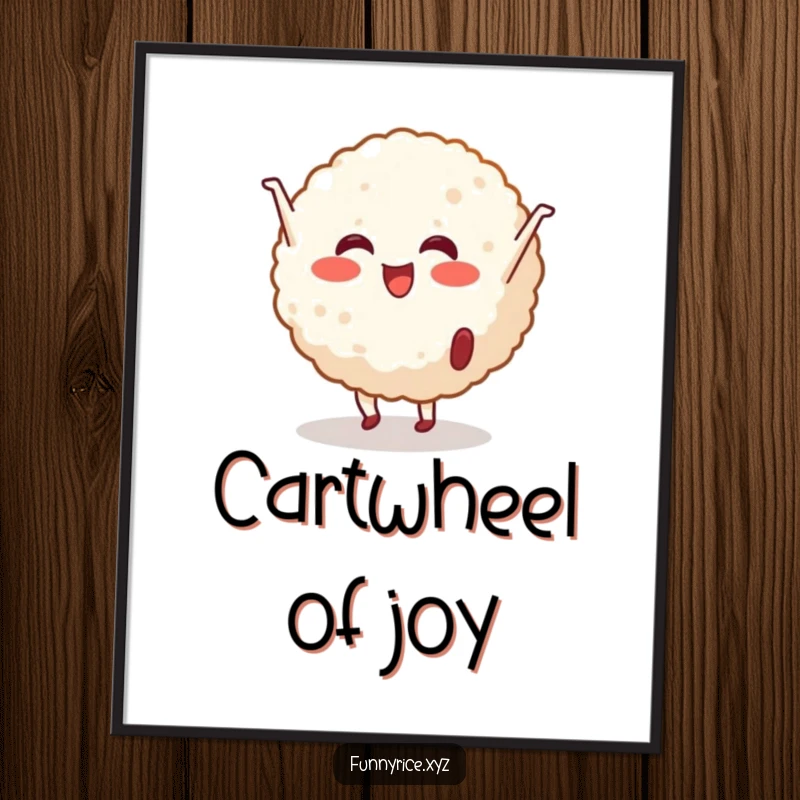 Funny Poster: A cheerful rice ball character captured mid-cartwheel, a dynamic and energetic addition to any wall.
