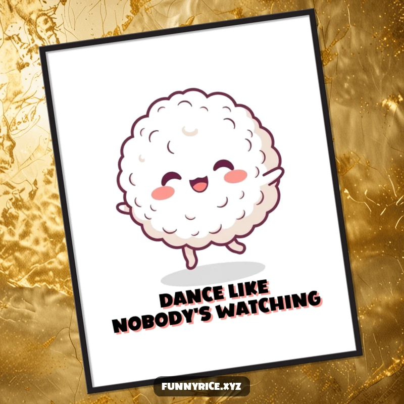 Funny poster illustrating a happy blob of rice doing a little dance, adding a touch of playful cheer to decor.