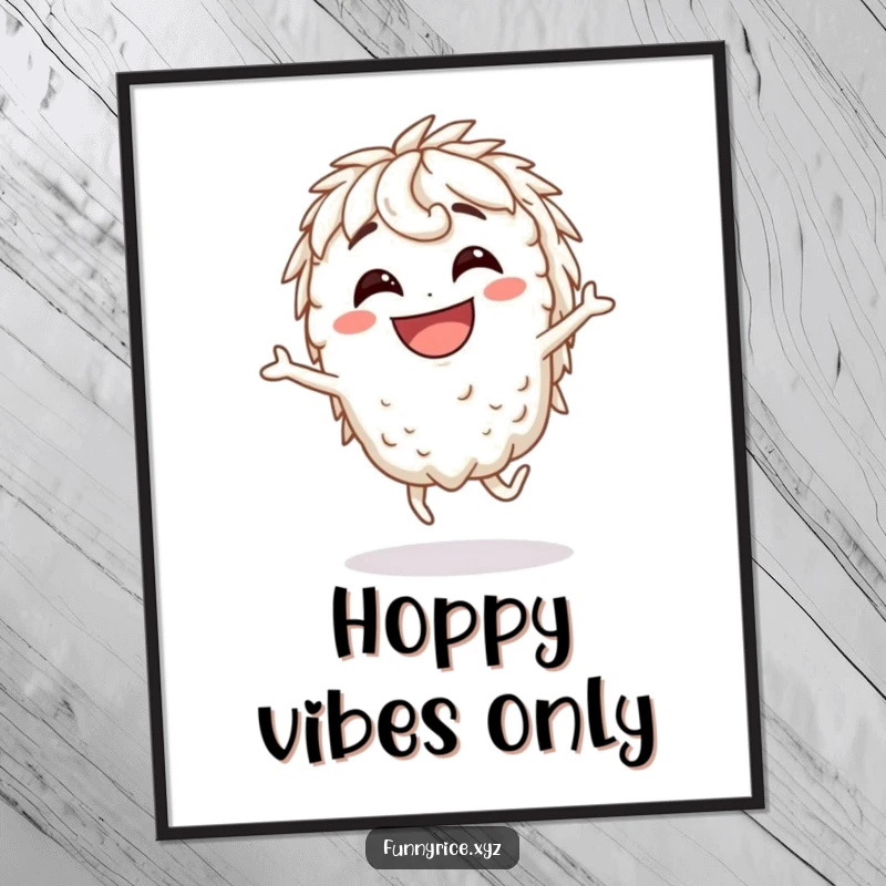 Funny Poster: A grinning rice character captured in a comical silly hop, bringing animated fun to your walls.