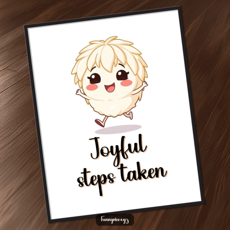 Funny poster of a smiling rice character in a cheerful hop, bringing dynamic energy to your decor.