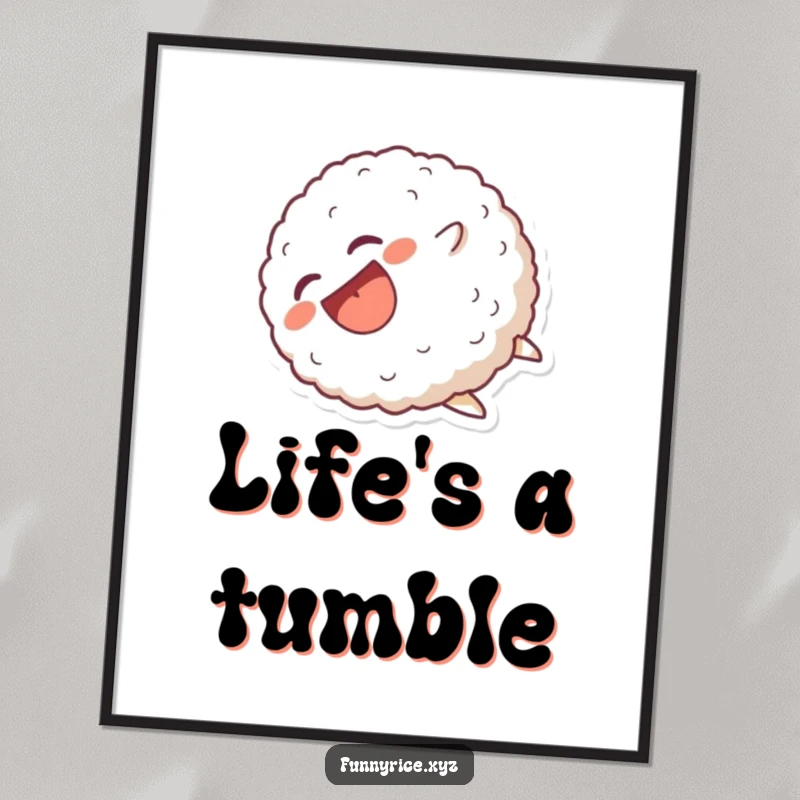 Funny Poster: A laughing rice ball character captured in a comical tumble, bringing dynamic humor to any wall.