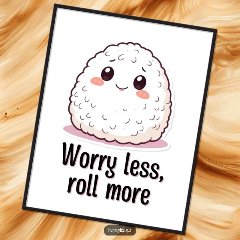 Funny poster illustrating a smiling mound of rice with eyes rolling playfully, adding a touch of whimsical fun to decor.