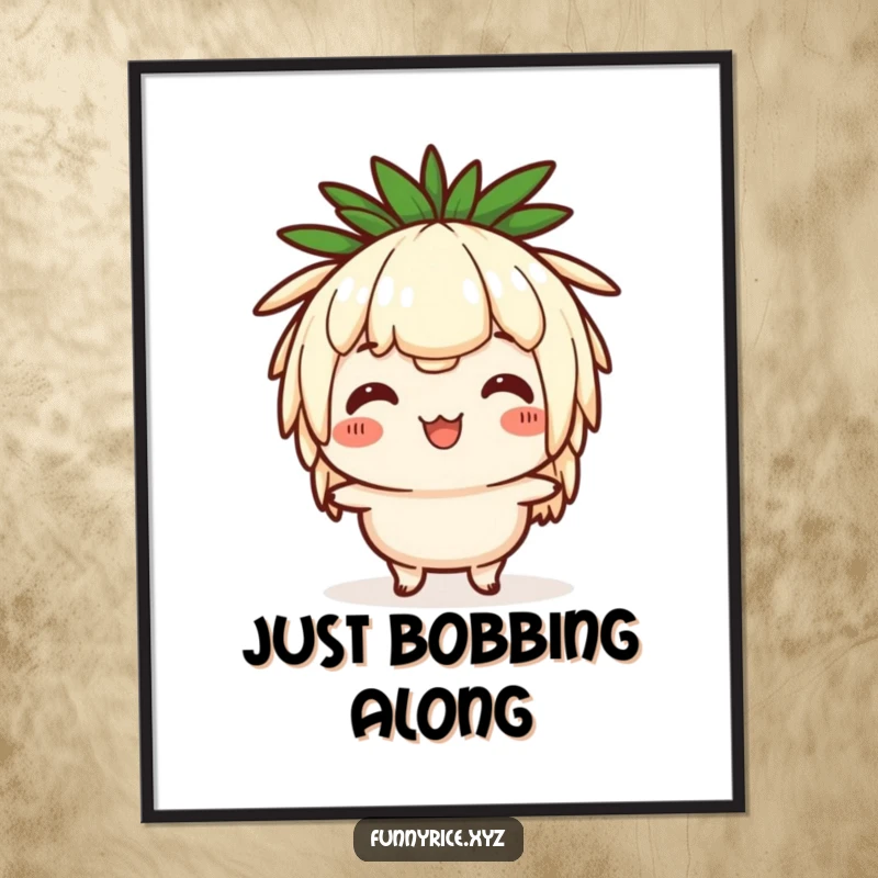 Funny poster showcasing a happy rice character performing a comical head bob, adding a touch of playful art.
