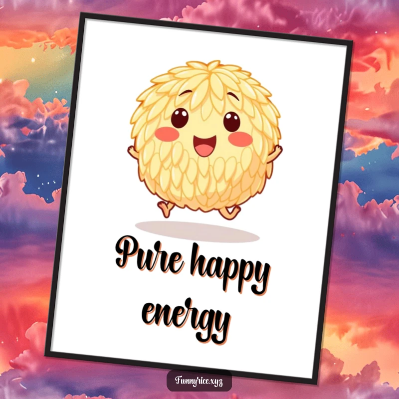 Funny poster illustrating a happy grain of rice hopping with unseen feet, adding a touch of playful energy to decor.