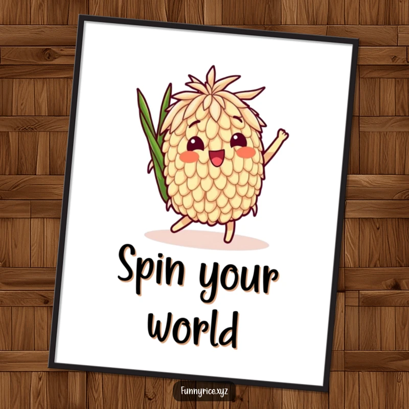 Funny Poster: A delighted rice grain character captured mid-playful spin, a cheerful and dynamic addition to any wall.