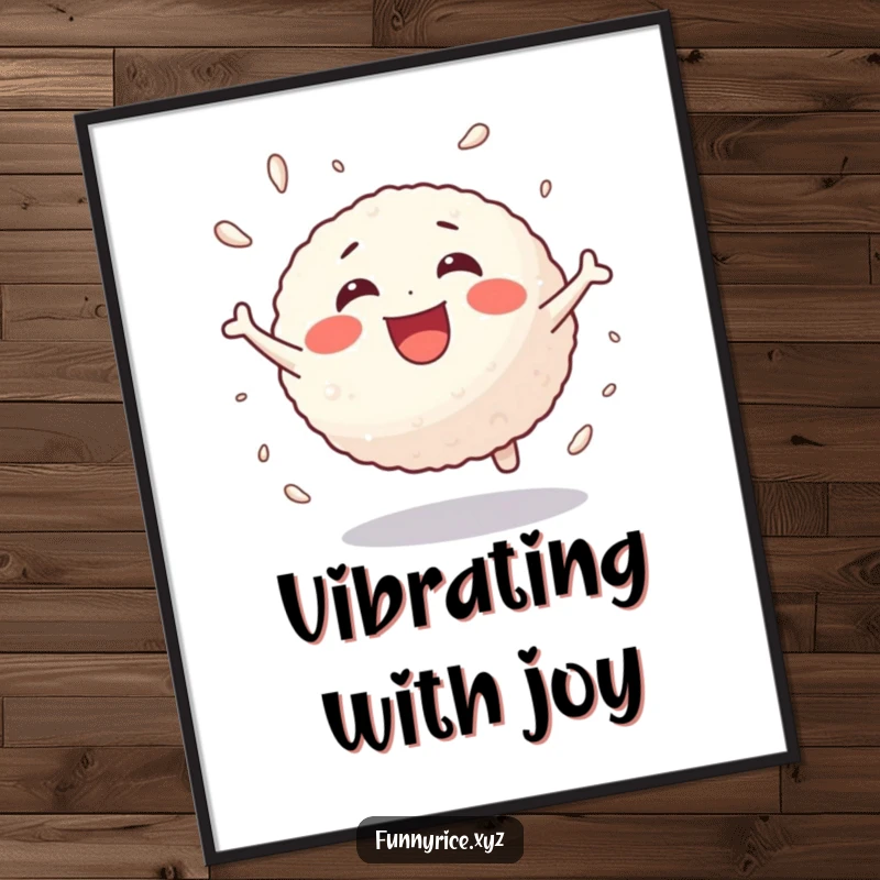 Funny poster of a joyful rice ball bouncing with energetic delight, bringing life to your decor.