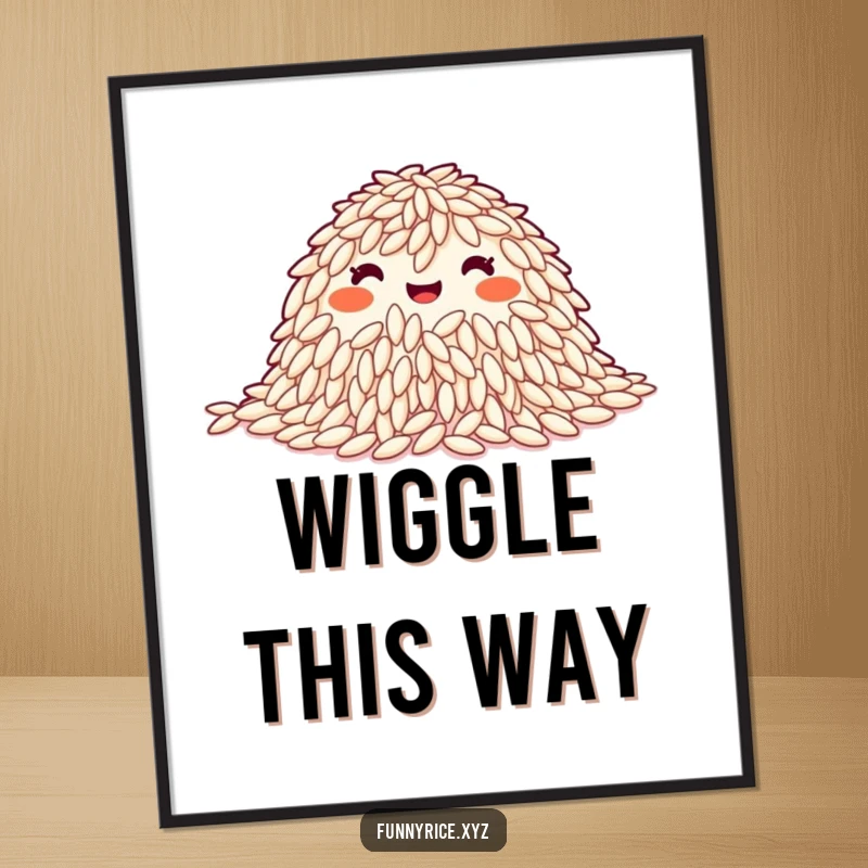 Funny Poster: A happy pile of rice grains performing a synchronized wiggle, a cheerful and rhythmic addition to any wall.