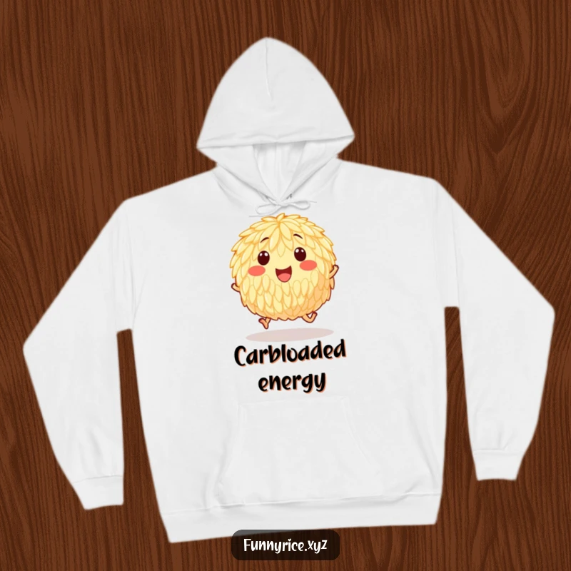 Funny hoodie with a happy grain of rice hopping energetically, offering warmth and a feeling of cheerful buoyancy.