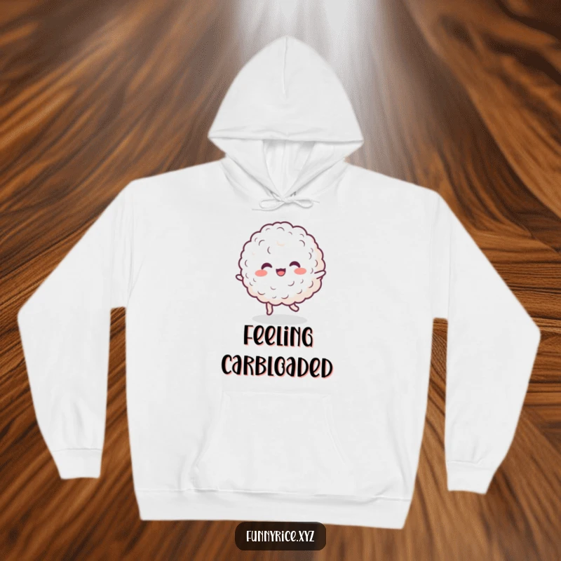 Funny hoodie featuring a cheerful blob of rice performing a happy dance, symbolizing fun and cozy comfort.