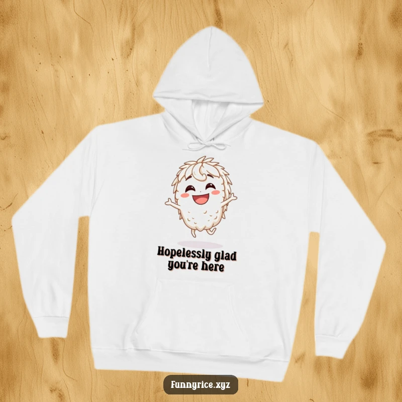 Funny Hoodie: A grinning rice character in a comical silly hop, designed for maximum warmth and humor.