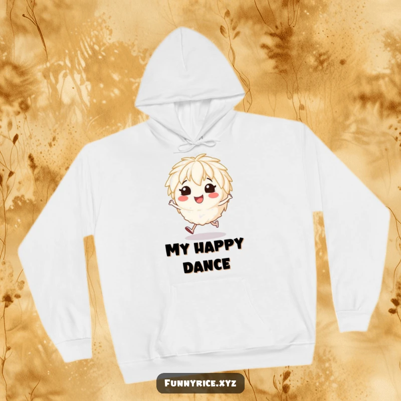 Funny hoodie with a smiling rice character captured in a cheerful little hop, radiating fun.