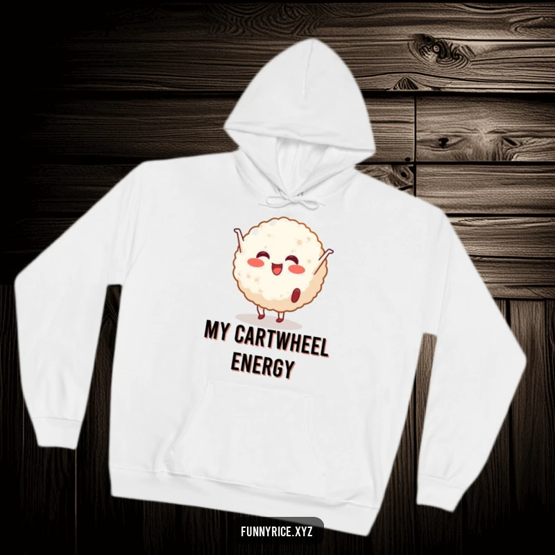 Funny Hoodie: A cheerful rice ball character performing a cartwheel, designed for cozy smiles and athletic fun.