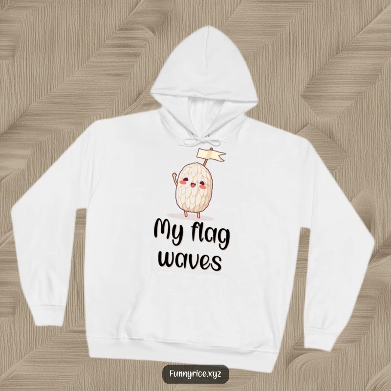 Funny hoodie showing a rice grain enthusiastically waving a tiny ricepaper flag, perfect for cozy days.