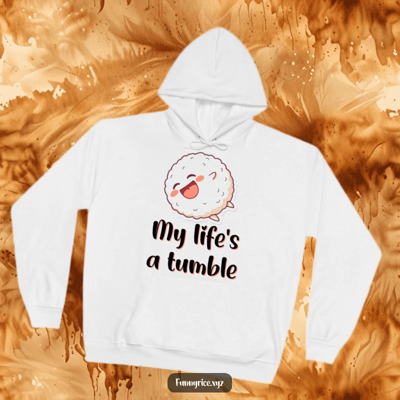Funny Hoodie: A laughing rice ball character tumbling head over heels, designed for maximum comfort and amusement.