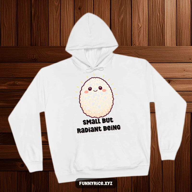Funny hoodie showcasing a single, beaming grain of rice, radiating warmth and positive energy.