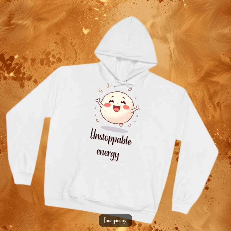 Funny hoodie showing a joyful rice ball bouncing with energetic delight, perfect for cozy days.