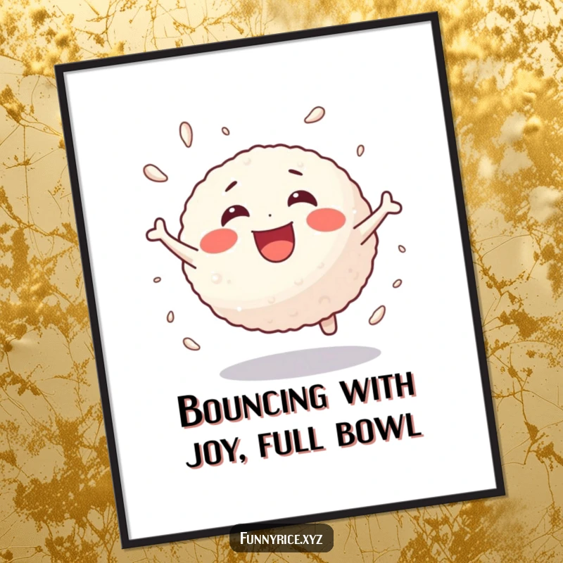 Funny Free Printable Wall Art depicting a joyful rice ball character in a state of energetic, delightful bouncing.