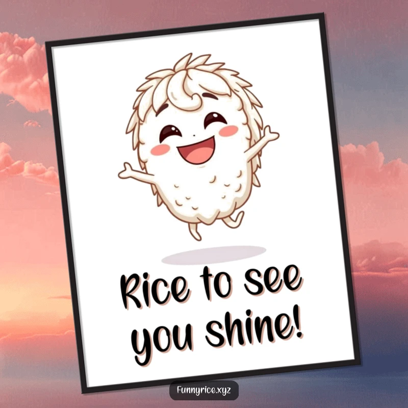 Funny Free Printable Wall Art of a grinning rice character doing a silly, energetic hop, full of personality.