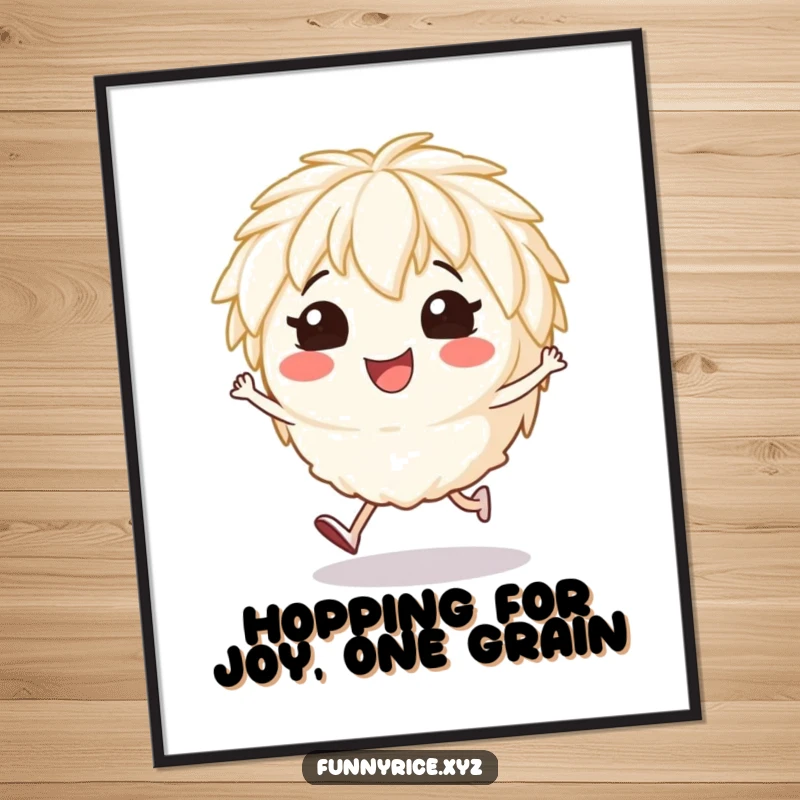 Funny Free Printable Wall Art of a smiling rice character captured in a cheerful, energetic little hop.