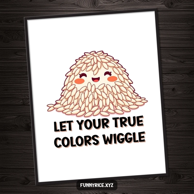 Funny Free Printable Wall Art of a happy pile of rice grains performing a perfectly synchronized, joyful wiggle.