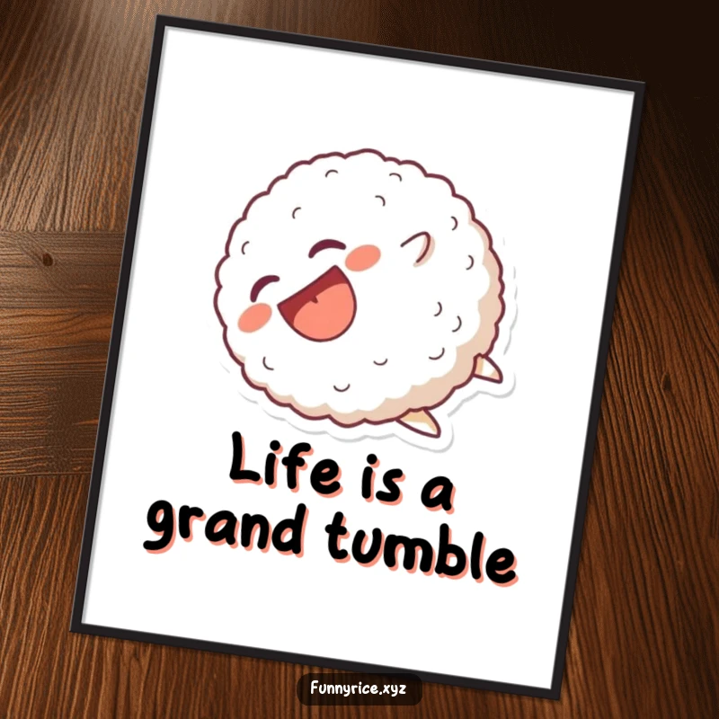 Funny Free Printable Wall Art featuring a laughing rice ball character tumbling head over heels with pure, unadulterated glee.