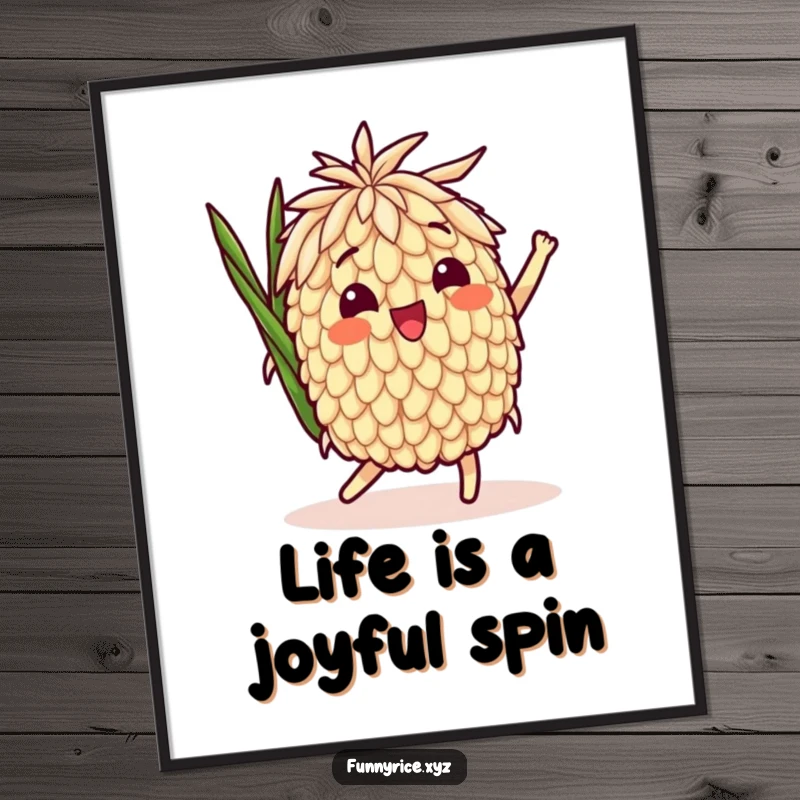 Funny Free Printable Wall Art of a delighted rice grain character performing a joyful, playful spin, exuding happiness.