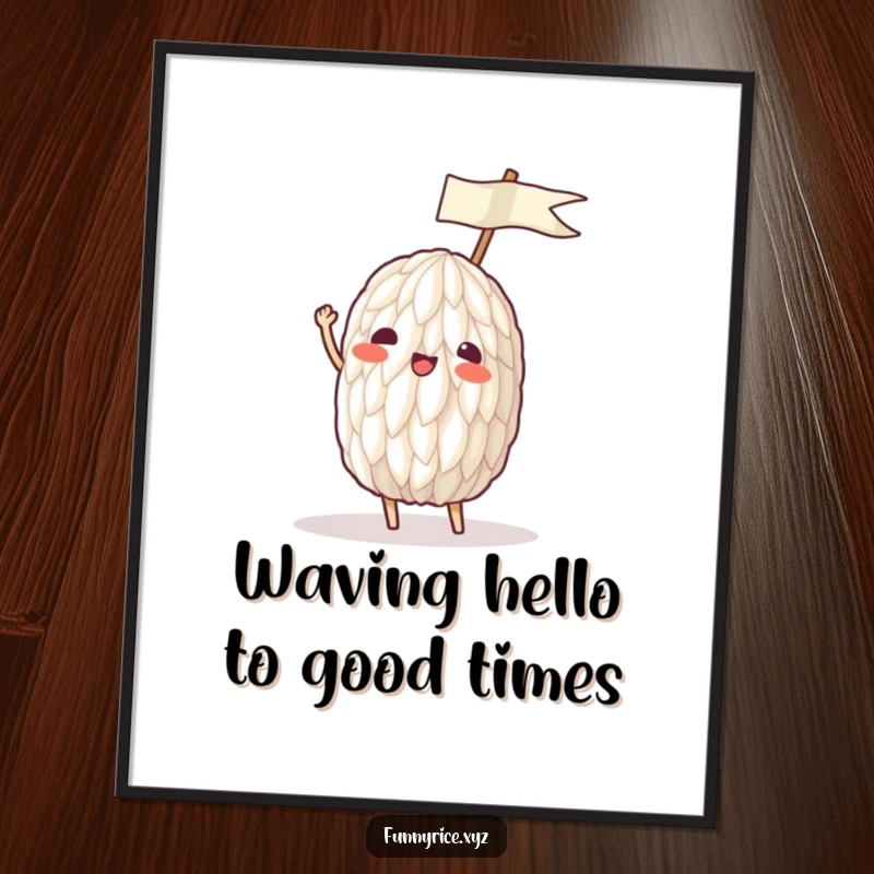 Funny Free Printable Wall Art depicting a rice grain character enthusiastically waving a small, festive ricepaper flag.