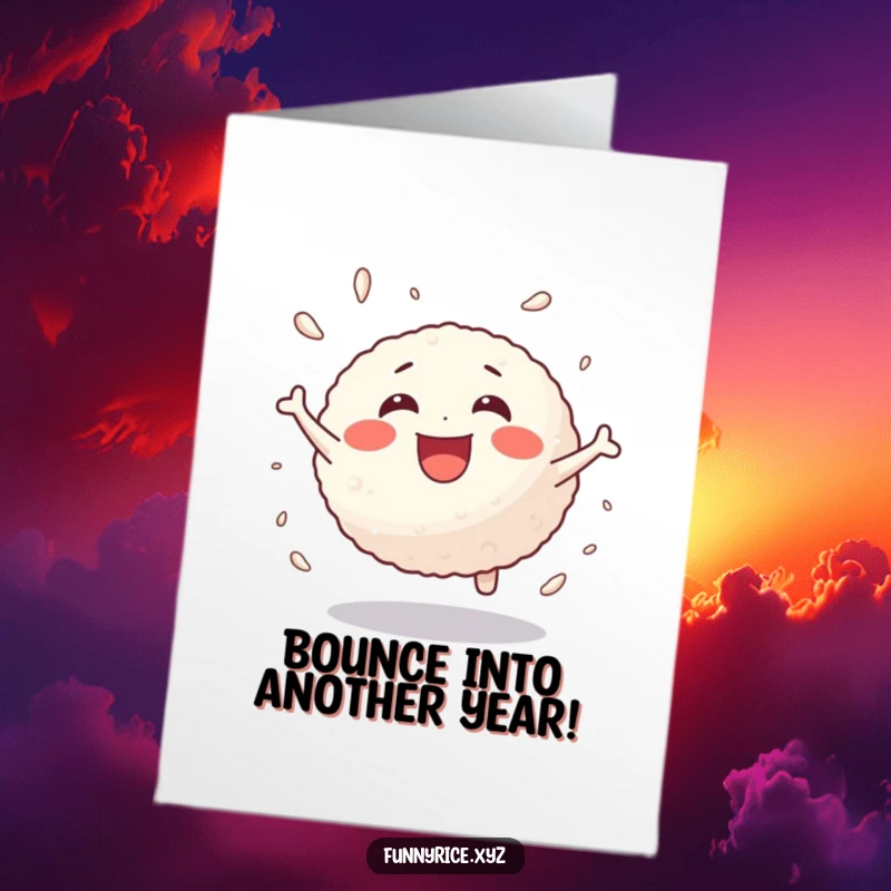 Funny Free Printable Birthday Card featuring a joyful rice ball character energetically bouncing with delight.