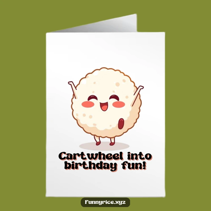 Free Printable Birthday Card: Cheerful Rice Ball Cartwheel Funny Gift